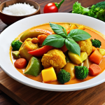 A vibrant vegetable curry with coconut milk served on a wooden table, showcasing the colorful variety of vegetables used in a flexitarian diet.