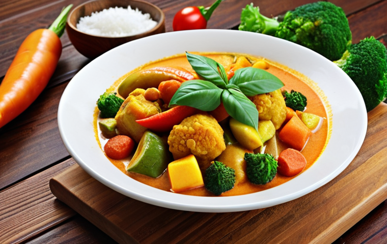 A vibrant vegetable curry with coconut milk served on a wooden table, showcasing the colorful variety of vegetables used in a flexitarian diet.
